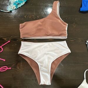 One-Shoulder Bikini Set in Brown and White